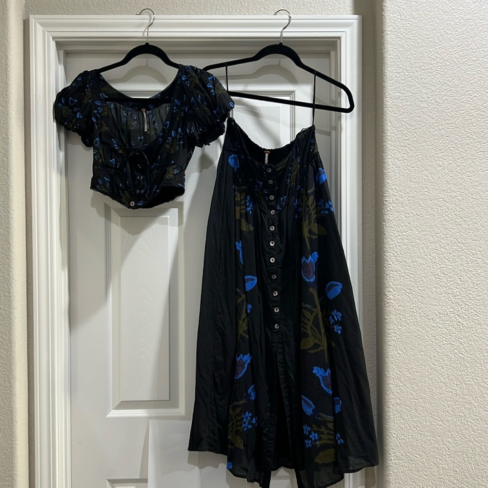 Free People Black Maxi Skirt with Blue Floral Accents